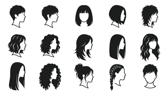 Black and White Icons Set of Diverse Hairstyles in Profile View