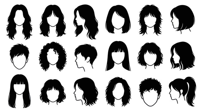 Diverse Black and White Hair Styles Vector Silhouettes for Beauty and Fashion Design