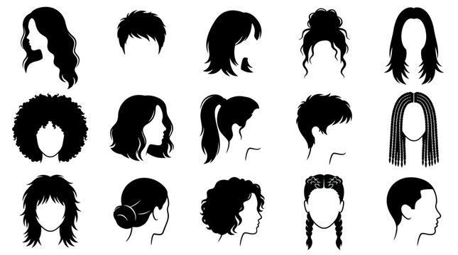 Beauty  Fashion Hairstyles Vector Silhouettes Icons Collection: Diverse Hair Cuts