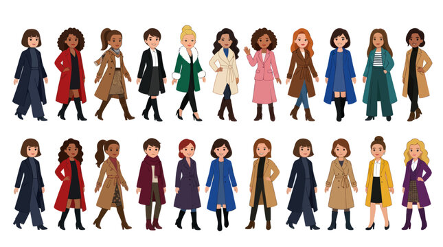 Fashion Women Winter Coats Flat Vector Illustration Collection