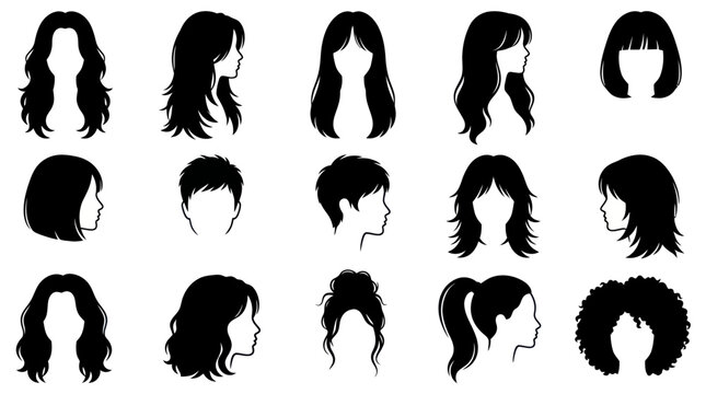 Diverse Human Hairstyles Black Silhouette Vector Icons Set for Beauty and Fashion Design