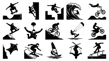 Naklejka premium Black and White Action Sports Silhouettes Glyph Icon Set for Extreme Outdoor Activities