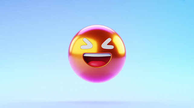 Vibrant 3D rendered happy emoji icon bursting with joy, featuring a glossy pink and orange face laughing heartily on a smooth gradient blue background, symbolizing pure amusement and fun