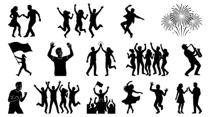 Obraz premium Dynamic Celebration People Silhouettes Vector Art Set: Dancing, Cheering, Success, Events