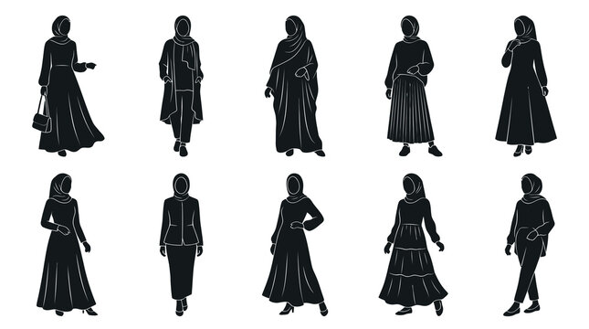 Modest Fashion Muslim Women in Hijab Silhouette Glyphs Collection