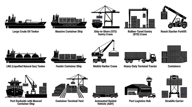 Port Logistics Shipping Icons: Maritime Vessels, Cranes, Vehicles Black Silhouettes