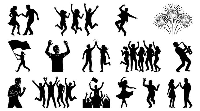 Dynamic Celebration People Silhouettes Vector Art Set: Dancing, Cheering, Success, Events