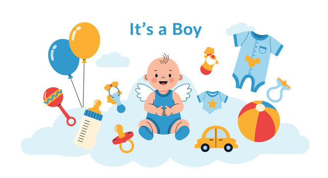 Baby shower greeting card with the text it is a boy featuring a cute baby angel surrounded by blue balloons, toys, and nursery items.