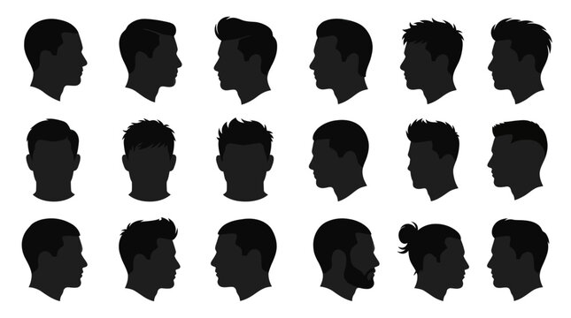 Diverse Male Head Silhouettes Vector Collection with Modern Men's Hairstyles and Profile Glyphs