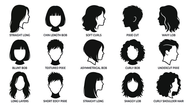 Diverse Hairstyles Set, Black  White Vector Silhouettes for Beauty Industry
