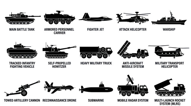 Military Vehicles  Weapons Black White Silhouette Vector Icons Set for Defense Industry