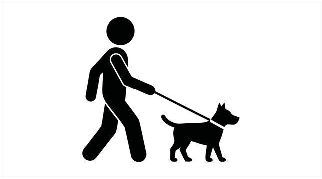 Stick figure walking a dog on a leash, simple icon illustration