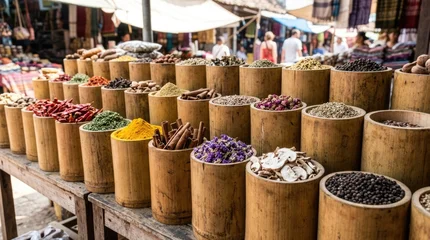 Spices and herbs in bamboo containers at outdoor market © Abu