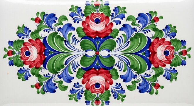 Vibrant Floral Folk Art Pattern with Red Roses and Blue Accents.