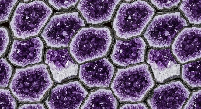Close-up view of a seamless pattern of natural amethyst geode slices.