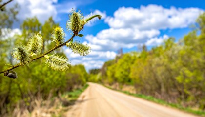 Naklejka premium Defocused spring landscape. Beautiful nature with flowering willow branches and forest road against blue sky with clouds, soft focus. Ultra wide format.