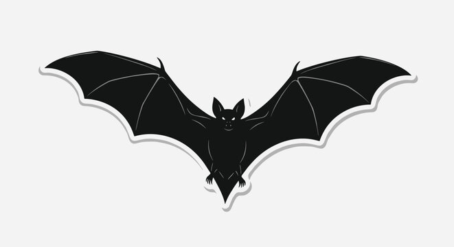 Detailed black silhouette of a bat with spread wings and glowing white eyes isolated on a light gray background for spooky halloween designs.