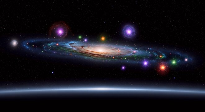 A vibrant artistic depiction of a spiral galaxy in deep space, surrounded by colorful celestial objects and a distant blue horizon.