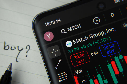 Dhaka, Bangladesh- 20 June 2025: Match Group Inc stock trading details displayed on smartphone with handwritten note.