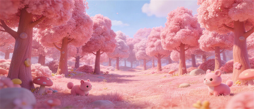 Sakura Forest: Two charming, cartoonish creatures frolic in a dreamlike Sakura forest, surrounded by whimsical pink cherry blossom trees, the warm sun shining down on the fairytale landscape.