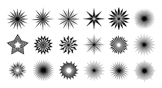 Grid of nineteen diverse black sunburst and starburst icons with varying numbers of rays and different artistic geometric designs.