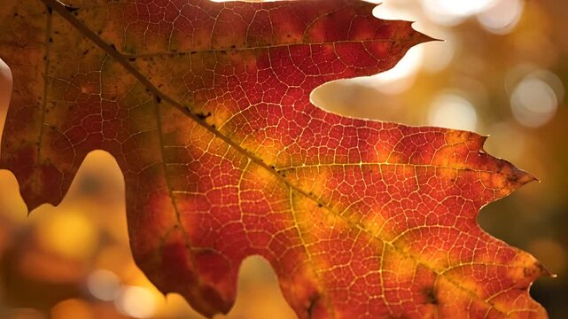 Closeup of a vibrant red and orange oak leaf in autumn sunlight.