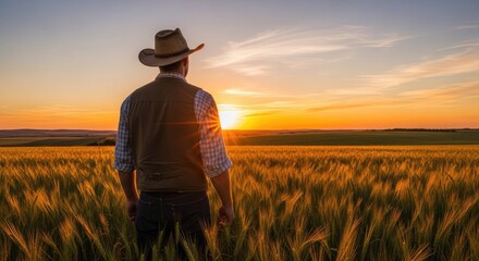 Fototapeta premium A farmer stands in a wheat field, facing a vibrant sunset. He wears a cowboy hat, a vest, and jeans.