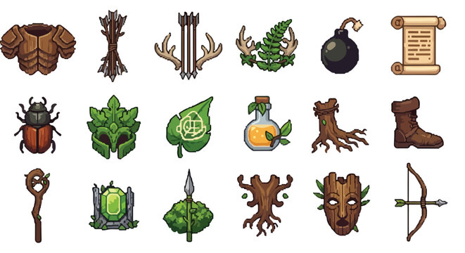 A collection of eighteen detailed vector icons representing fantasy RPG items, including nature-themed armor, weapons, and magical consumables.
