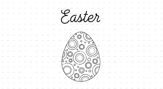 Simple Easter egg illustration decorated with circular patterns and the word Easter written in a script font on a subtle grid background art.