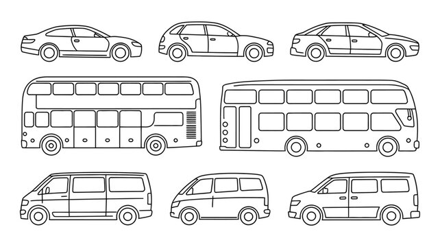 A collection of linear vehicle illustrations depicts several cars a double decker bus and vans in a simple black and white style high quality professional detailed