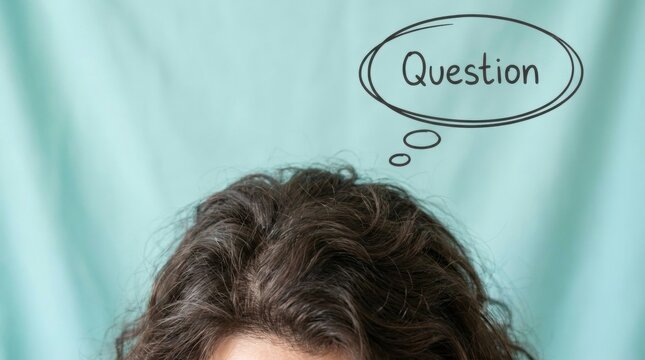 Person with questioning thought bubble on light blue background uncertainty concept