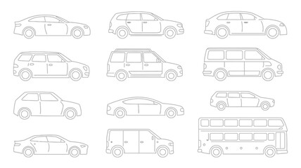 A collection of various vehicle outlines are displayed including cars vans and a large double decker bus all in a linear style high quality professional detailed © Raian