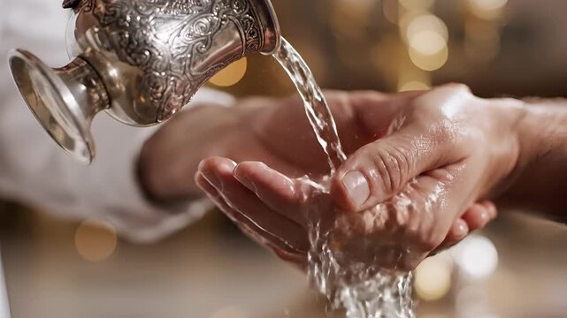Closeup of hands being washed with water from a decorative pitcher.