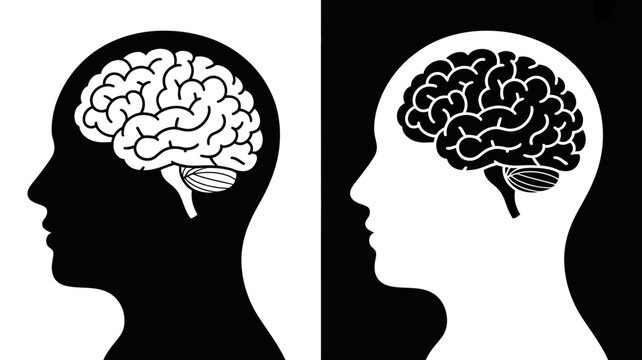 A stark black and white illustration depicts two human profiles each containing a detailed brain within their head silhouette high quality professional modern elegant stylish clean