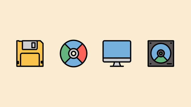 A colorful illustration depicts various data storage devices including a floppy disk optical disc monitor and speaker arranged in a row high quality professional detailed modern