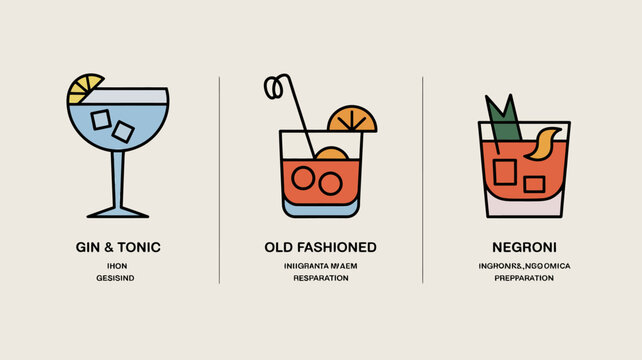 A colorful graphic displays three classic cocktails a gin tonic old fashioned and negroni with their names labeled below each drink high quality professional detailed modern