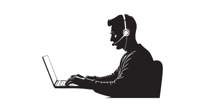 Silhouette of man wearing headset working on laptop computer at desk vector illustration.