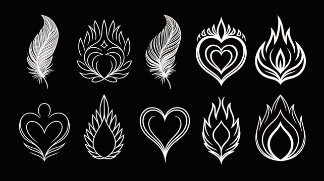 A collection of delicate white line art designs featuring feathers hearts and flame like shapes against a stark black background high quality professional detailed modern elegant