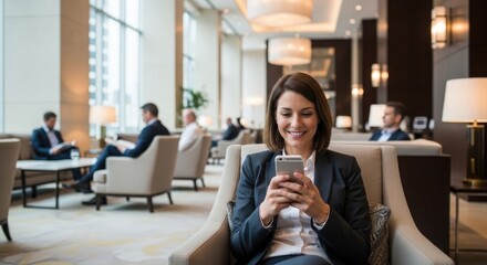 Fototapeta premium A smiling businesswoman sits in a plush armchair in a luxurious hotel lobby, intently reading something on her smartphone.