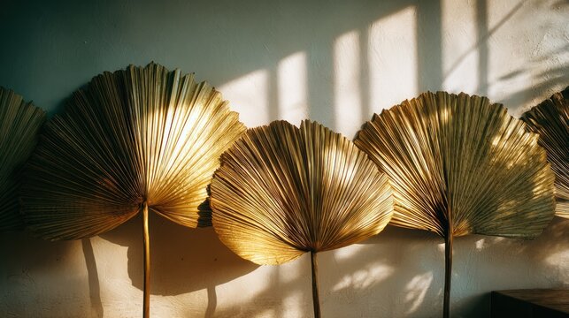 Dried palm fronds arranged vertically create a textured wall decoration highlighted by dramatic sunlight.