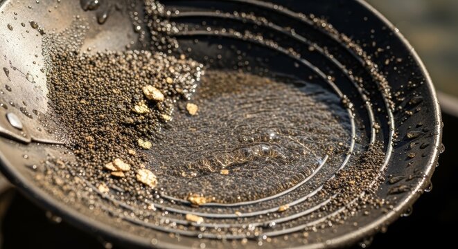 Close-up of gold prospecting pan with dirt and nuggets.