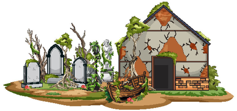 Abandoned Cemetery and Ruined House Overgrown with Vines