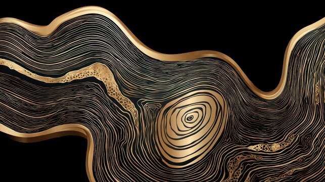 Ornate black and gold abstract pattern suggests flowing, layered geological or organic structures.