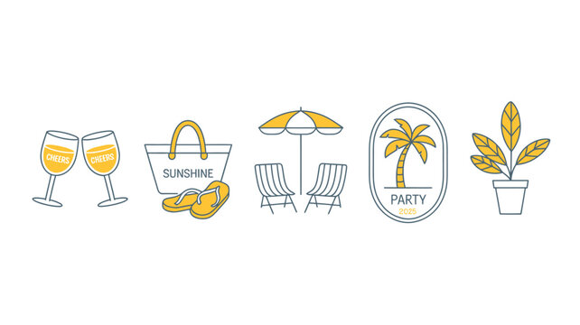 A minimalist illustration depicts summer vacation elements including drinks a beach bag palm trees and lounge chairs high quality professional detailed modern elegant stylish clean crisp