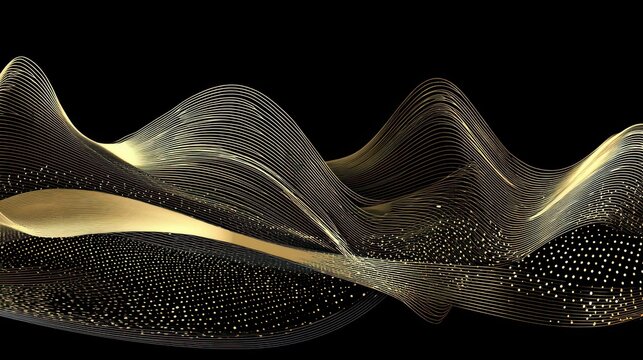 Flowing ribbons of illuminated golden threads create an elegant abstract wave design against a dark background.