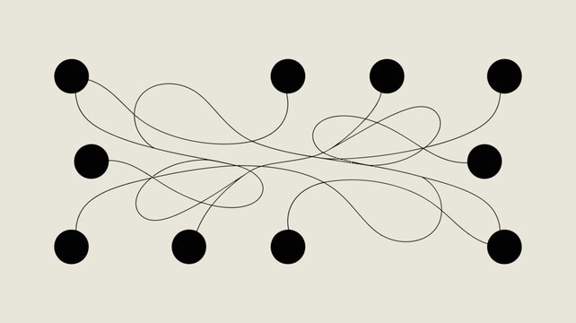 An abstract composition features several black circles interconnected by delicate flowing lines on a neutral beige background high quality professional detailed modern elegant stylish clean crisp