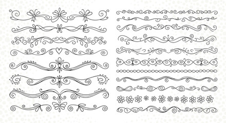 Fototapeta premium Collection of decorative hand-drawn line dividers and ornate page borders with swirls, hearts, and floral motifs for vintage stationery.
