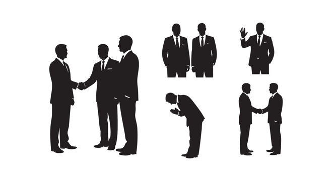 Silhouettes of business people engaging in various professional interactions including handshakes and bows.