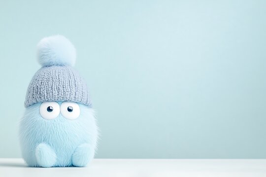 Adorable blue stuffed toy with knitted hat and pom pom