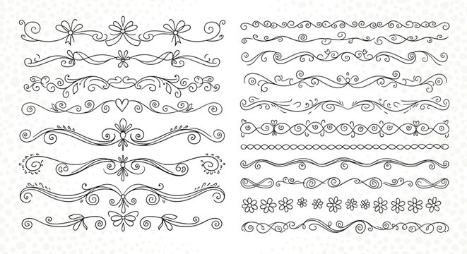 Collection of decorative hand-drawn line dividers and ornate page borders with swirls, hearts, and floral motifs for vintage stationery.
